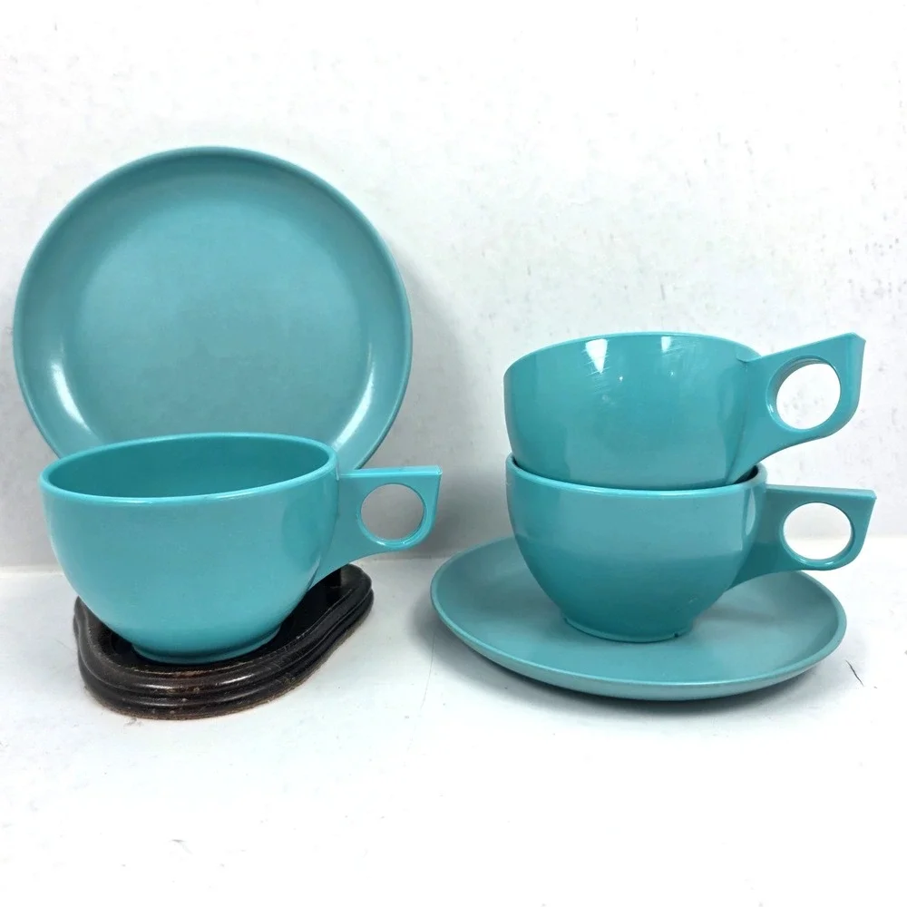 Vtg MCM‎ Spaulding Ware Turquoise Blue Melamine Cups & Saucers Lot of 5 Set